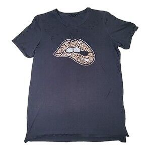 Zutter Leopard Print Lips Short Sleeve Distressed Holes Black T Shirt Women Med‎